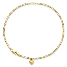 14K Real Solid Gold Figaro Link Chain Anklet with Dangling Heart Charm