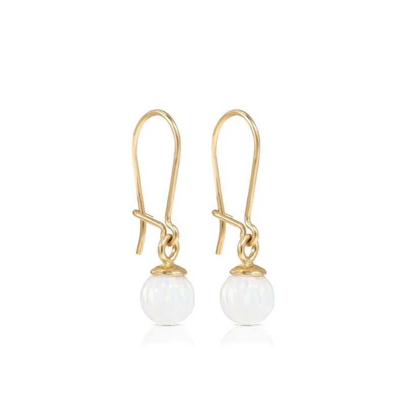 14K Yellow Gold Ball White Opal 6mm Dangle Earrings