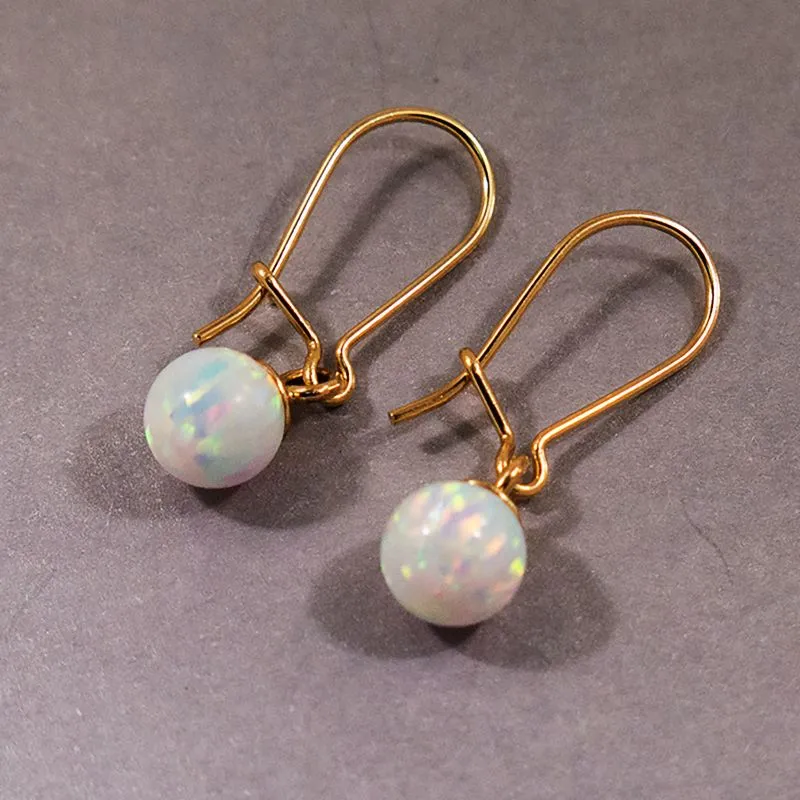 14K Yellow Gold Ball White Opal 6mm Dangle Earrings