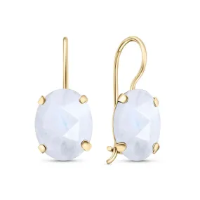 14K Yellow Gold Oval White Moonstone 8X10mm Dangle Earrings