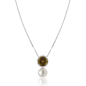 18K White gold necklace with diamonds and olive center tourmaline