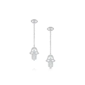 18KT WHITE GOLD DIAMOND DANGLE EVIL EYE AND HAMSA EARRINGS