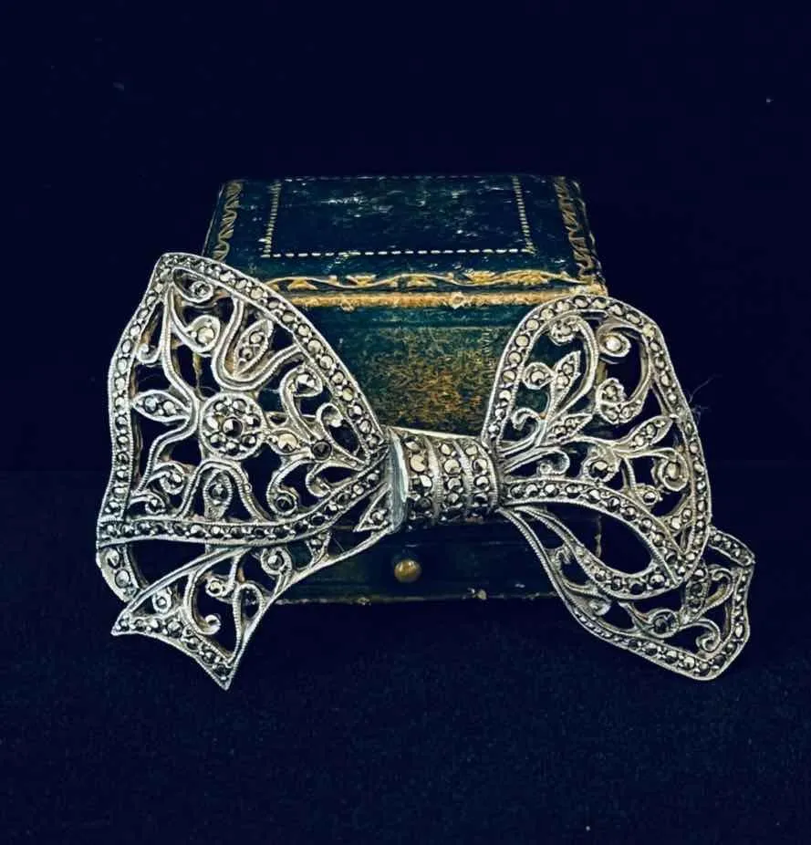 1930s Marcasite Sterling Silver Bow Brooch