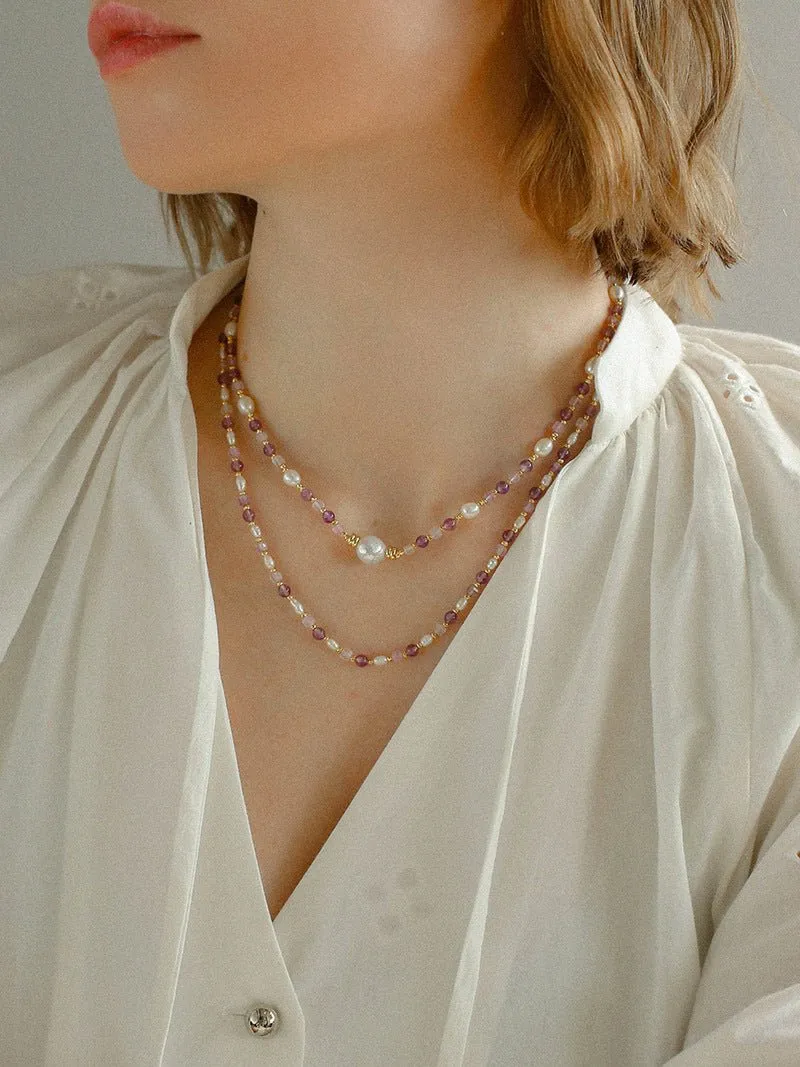 Amethyst Rice-Shaped Pearl Necklace