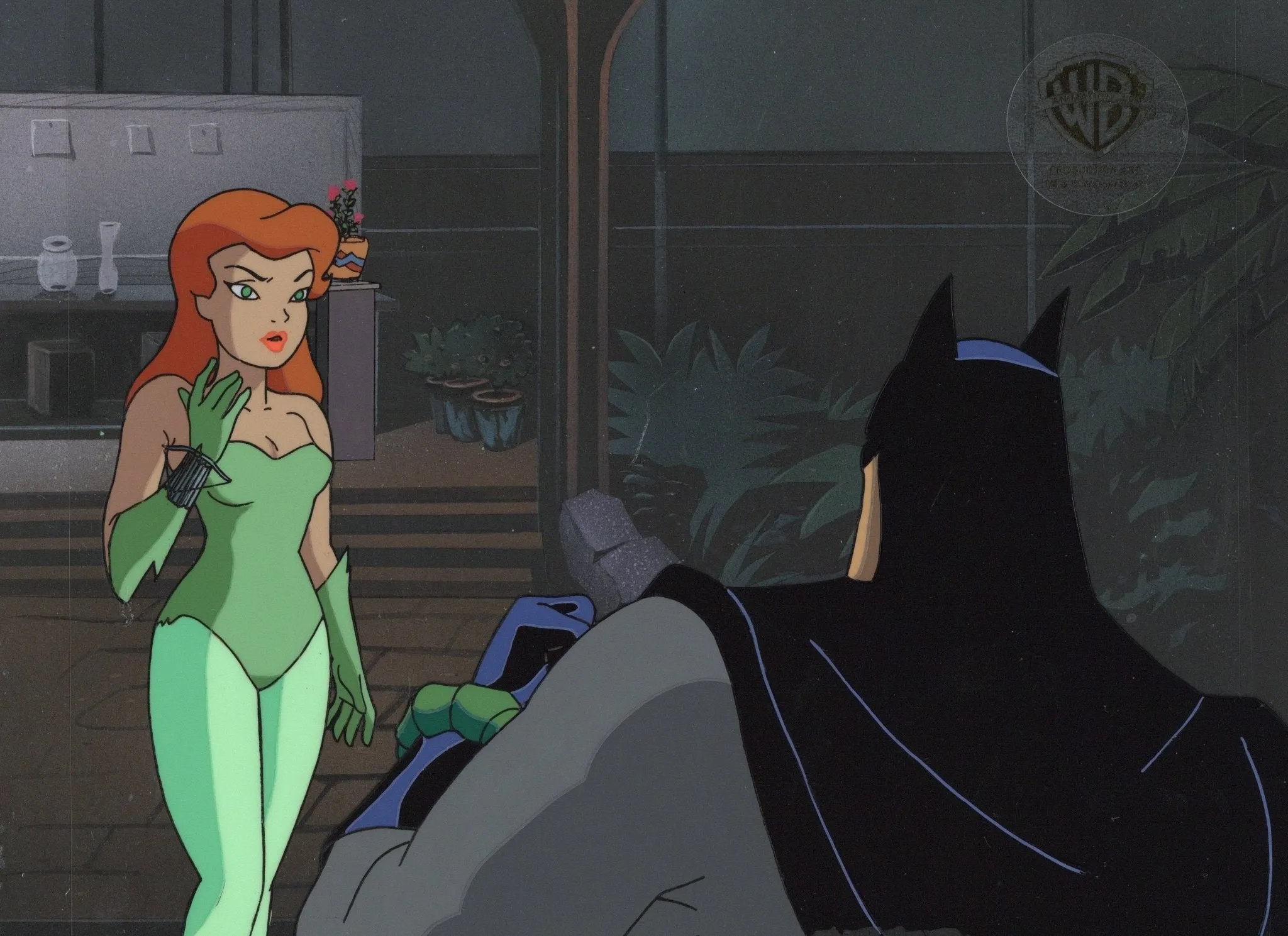 Batman The Animated Series Original Production Cel On Original Background with Matching Drawing: Poison Ivy and Batman