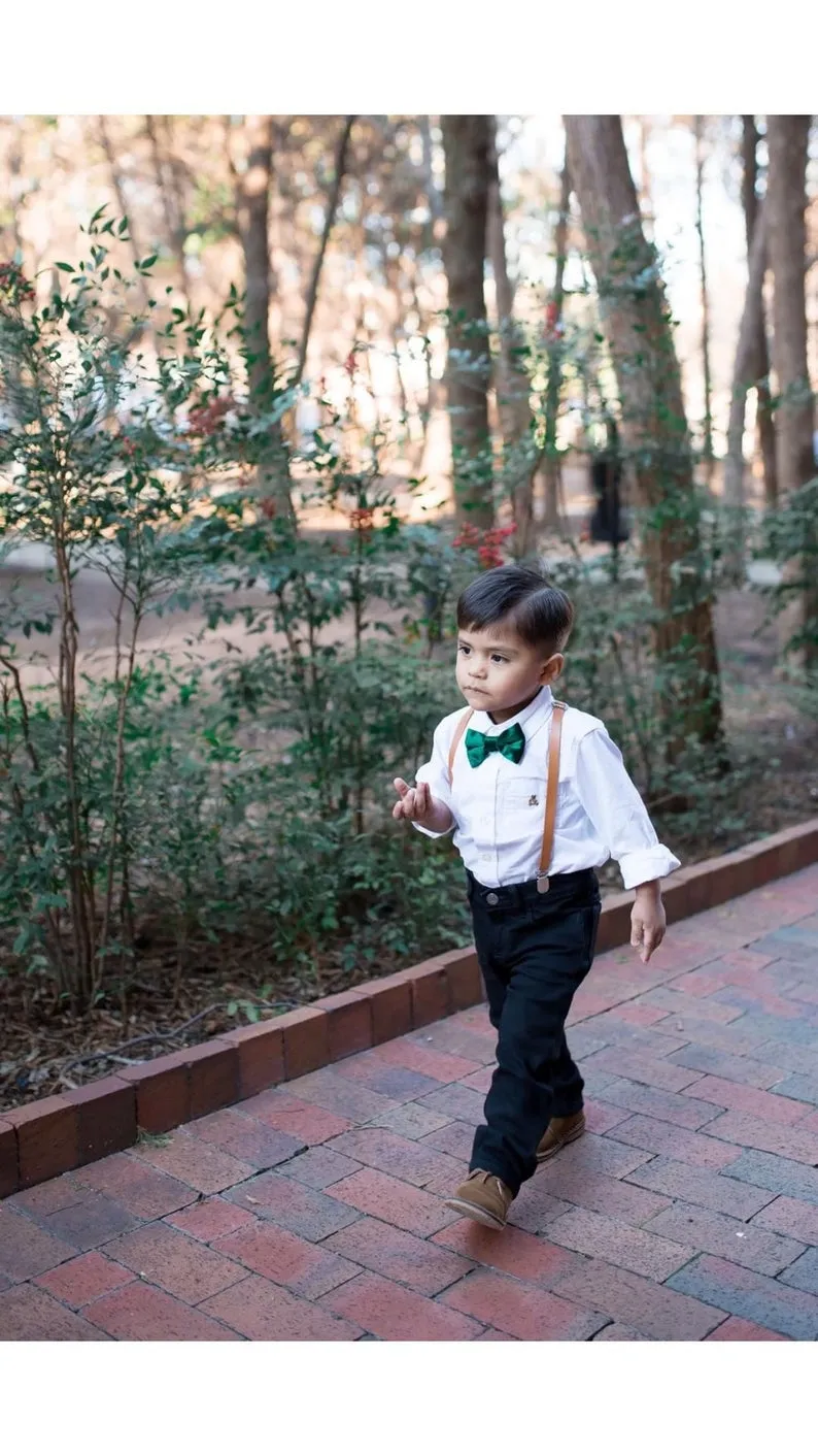 Caramel Suspenders with Sage Cotton Bow Ties