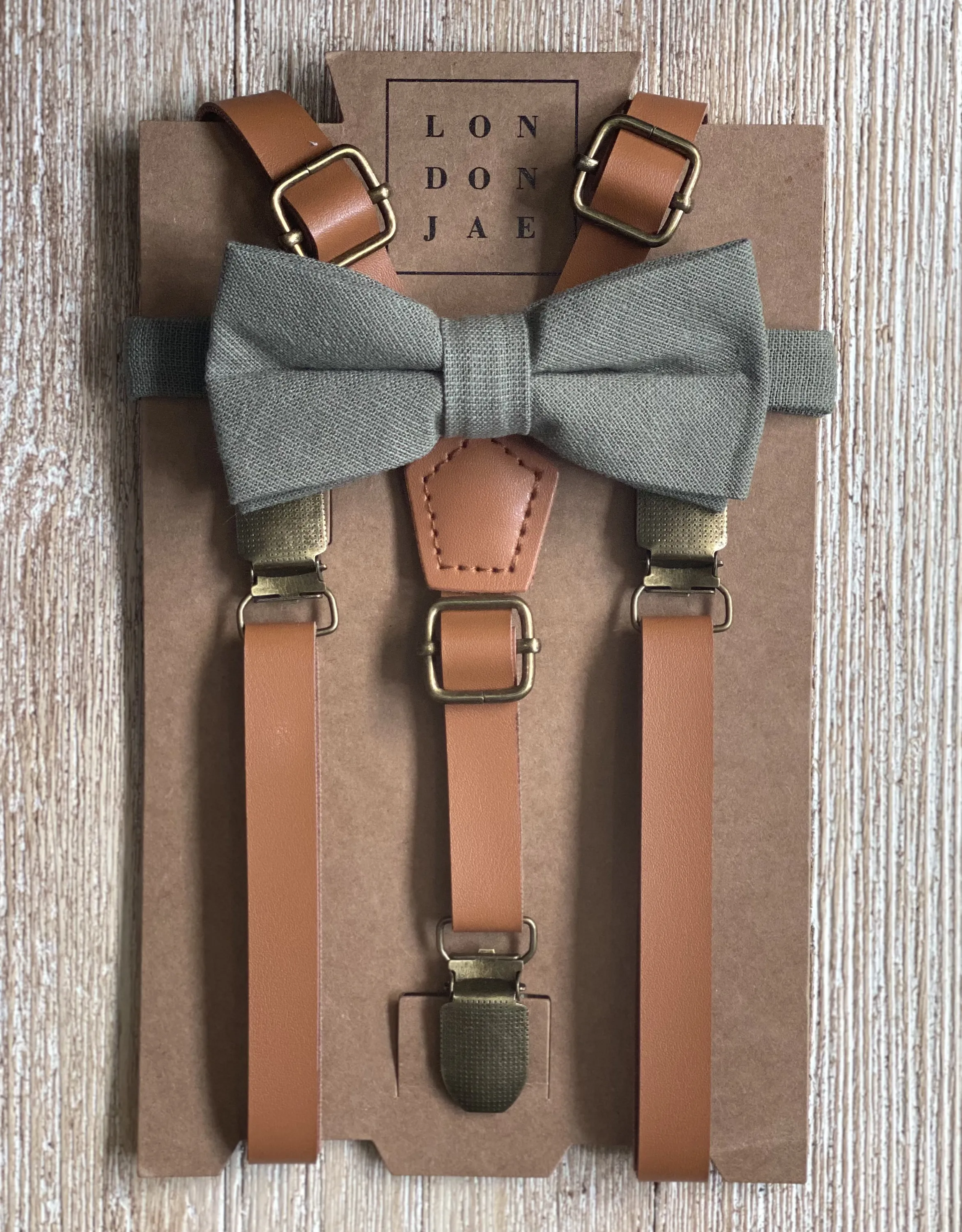 Caramel Suspenders with Sage Cotton Bow Ties