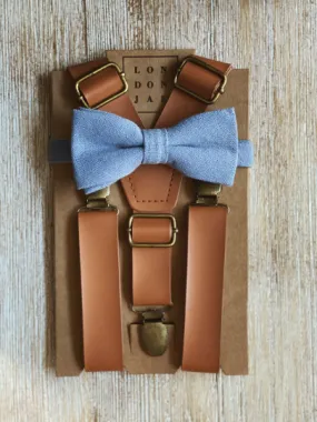 Dusty Blue Bow Tie with Caramel Suspender Set