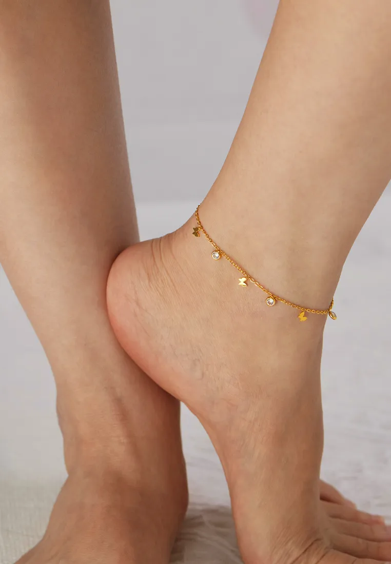 Enchante Butterfly with Cubic Zirconia Pendant Chain Anklet in Gold