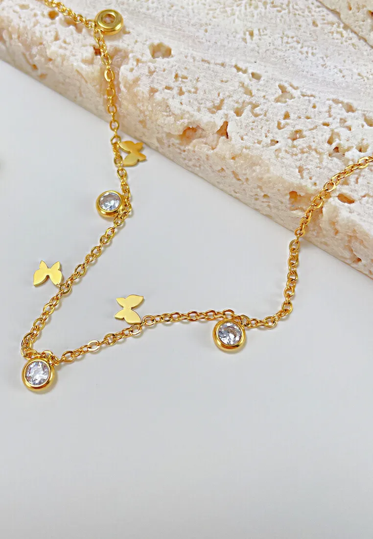 Enchante Butterfly with Cubic Zirconia Pendant Chain Anklet in Gold