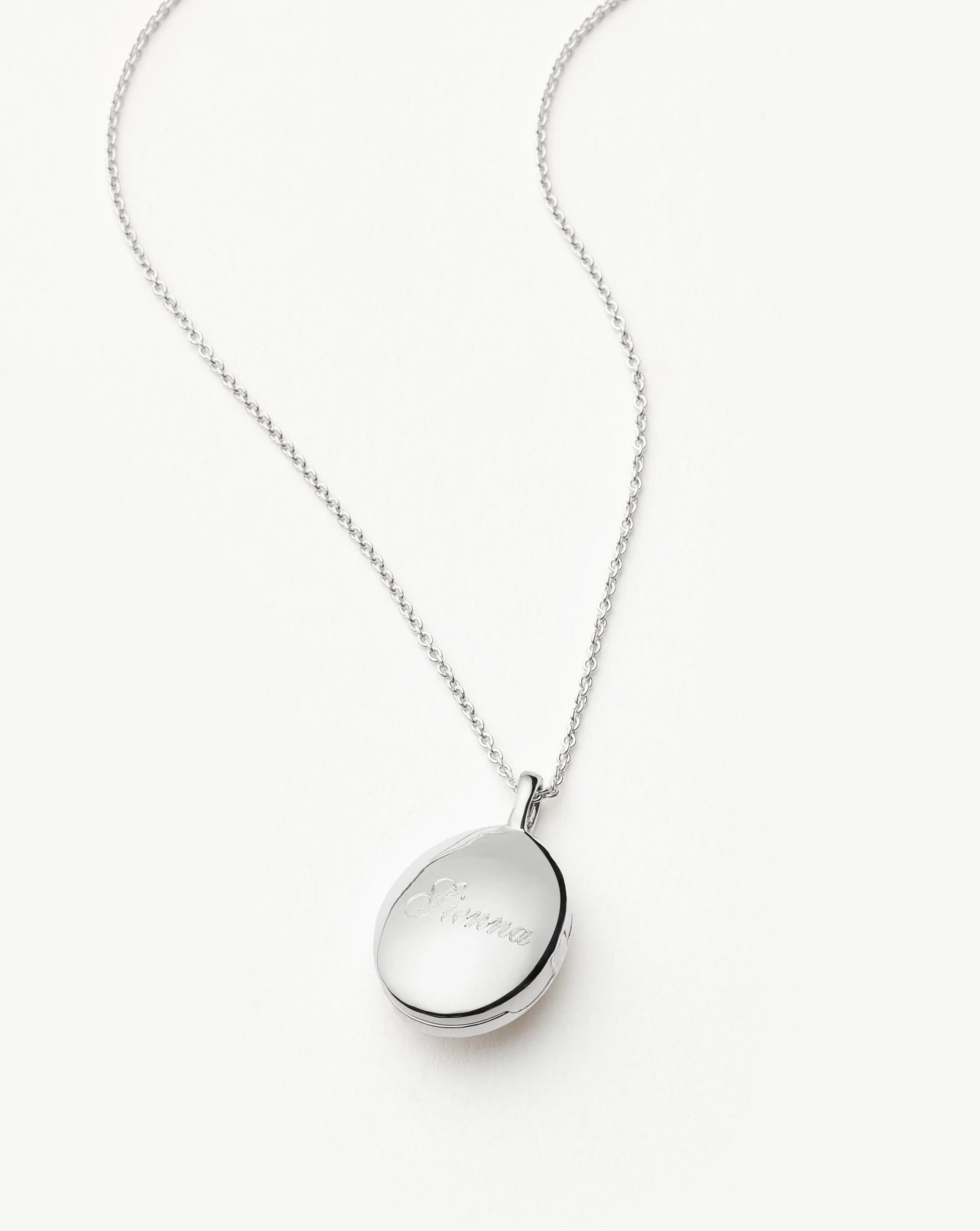 Engravable Oval Ridge Locket Pendant Necklace | Sterling Silver/Rainbow Moonstone