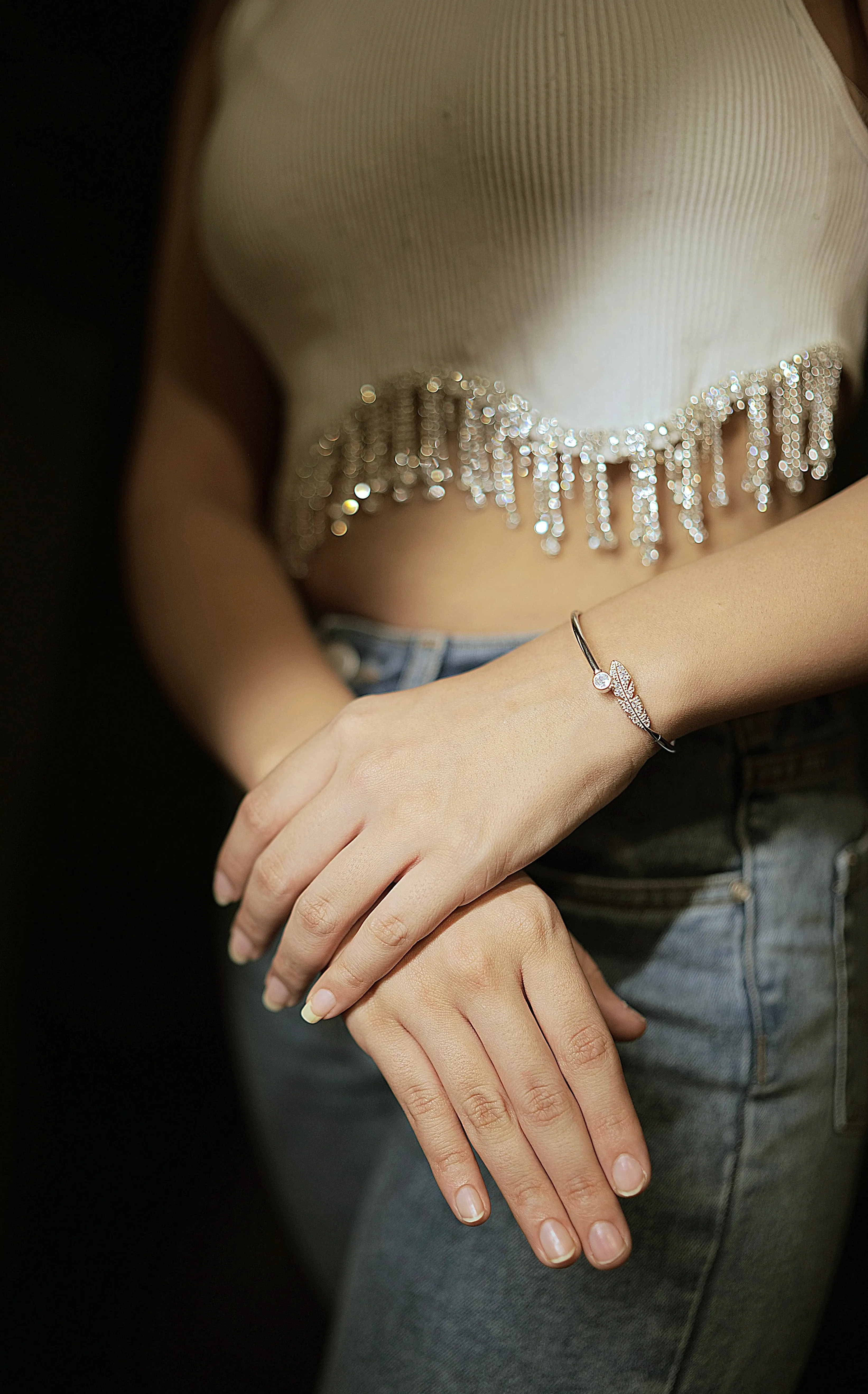 Feather rose gold open bangle bracelet