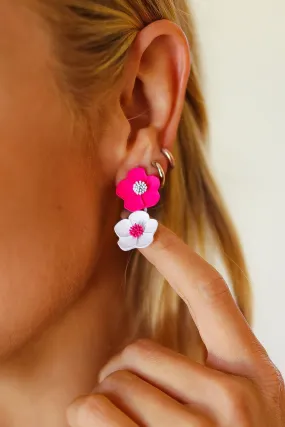 Fuchsia & White Tiered Flower Dangle Earrings