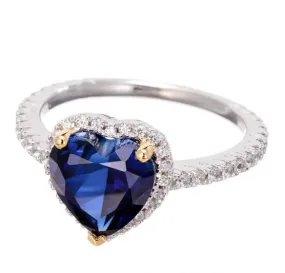 Heart Cut Imitation Blue Sapphire Cubic Zirconia Engagement Ring In Sterling Silver