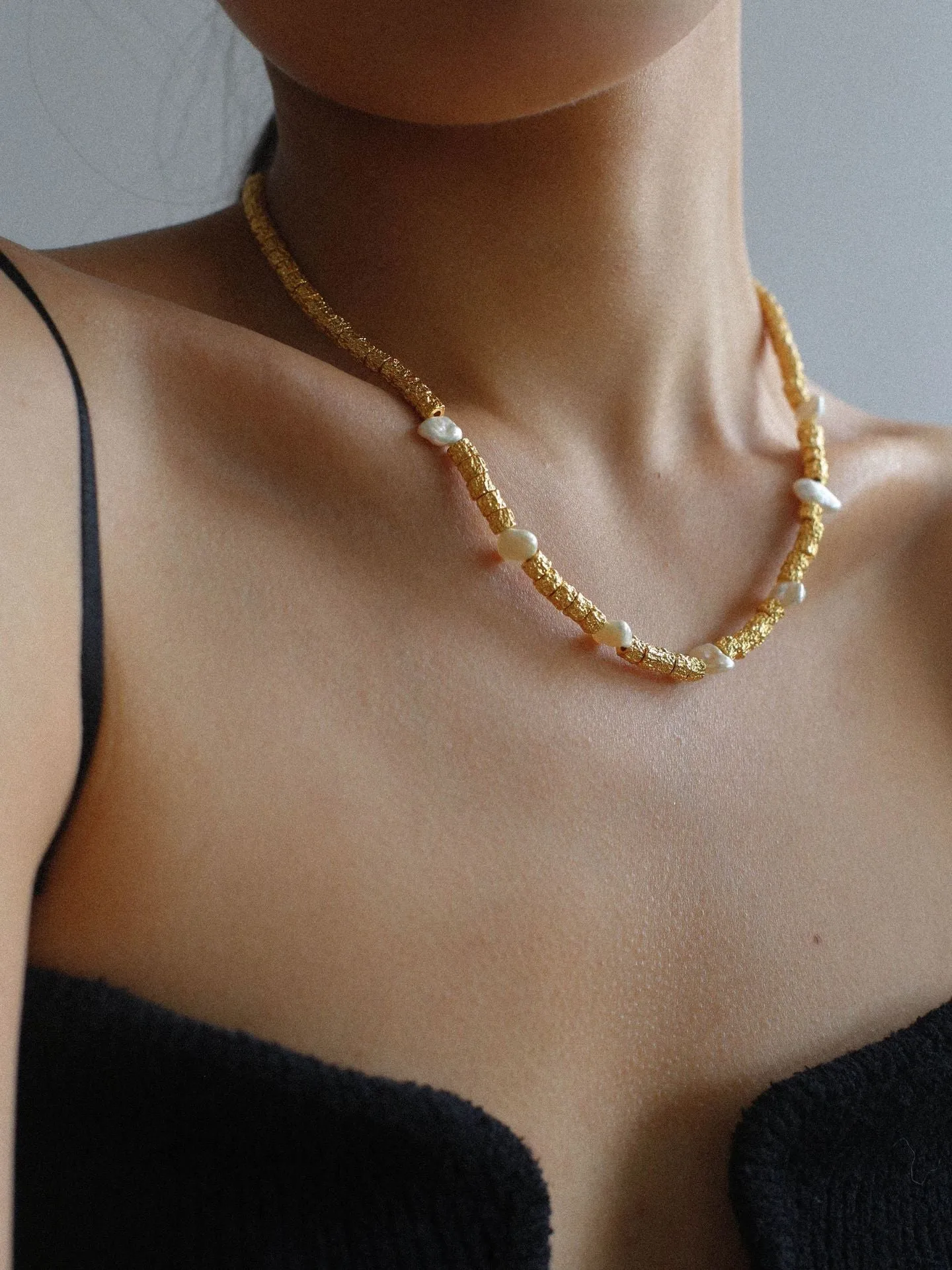 Lava Metal Fragment and Baroque Pearl Beaded Necklace