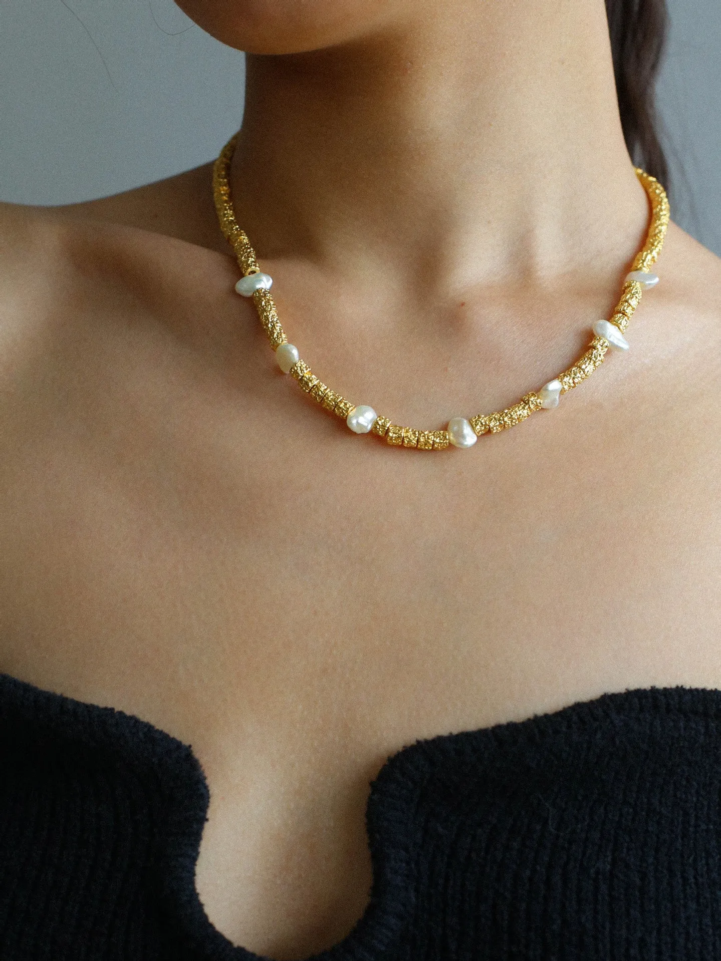 Lava Metal Fragment and Baroque Pearl Beaded Necklace