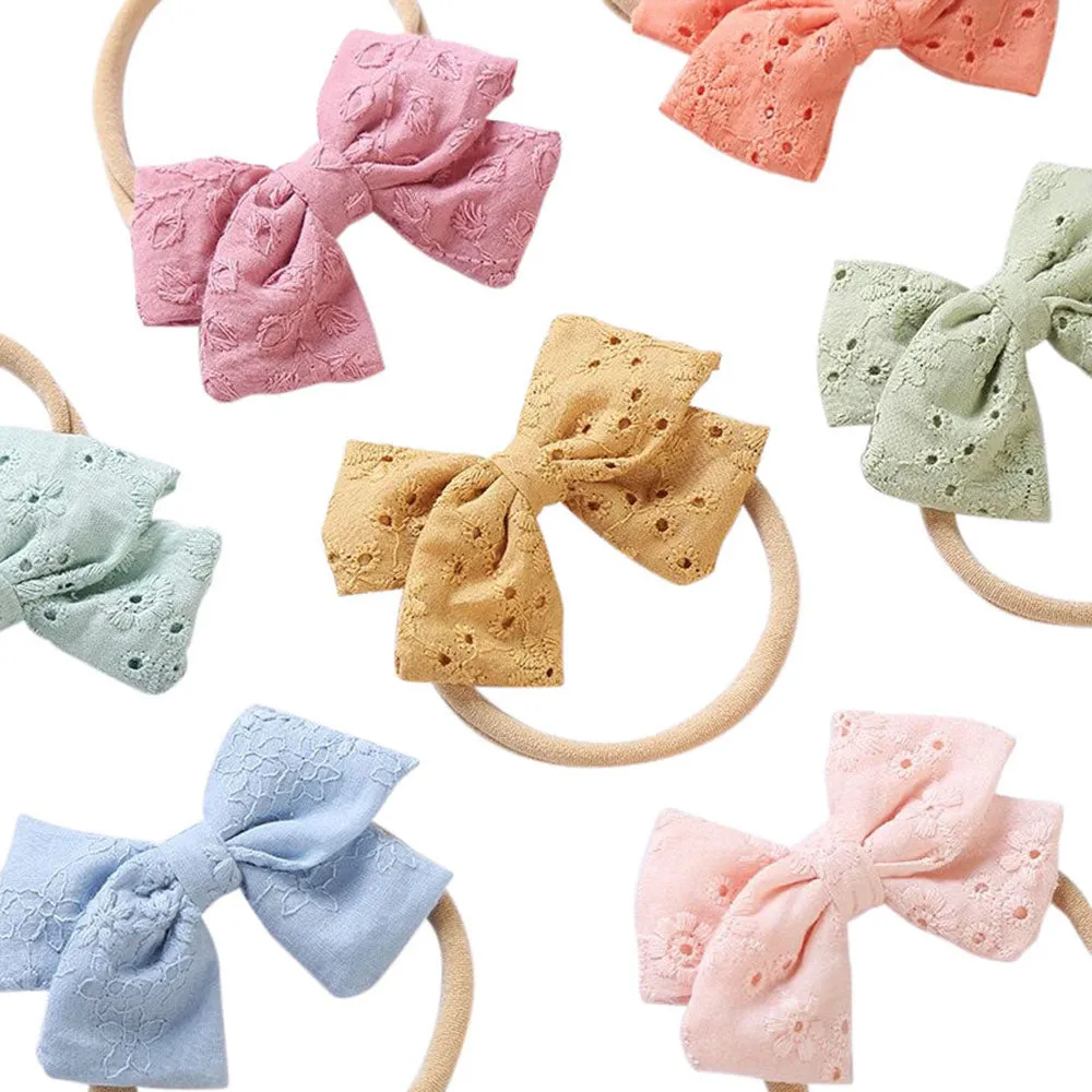 Little Embroidered Cotton Baby Bow — Blush