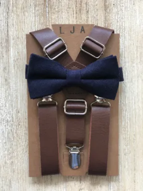 Marine Navy Bow Tie with Weathered Coffee Suspender Set