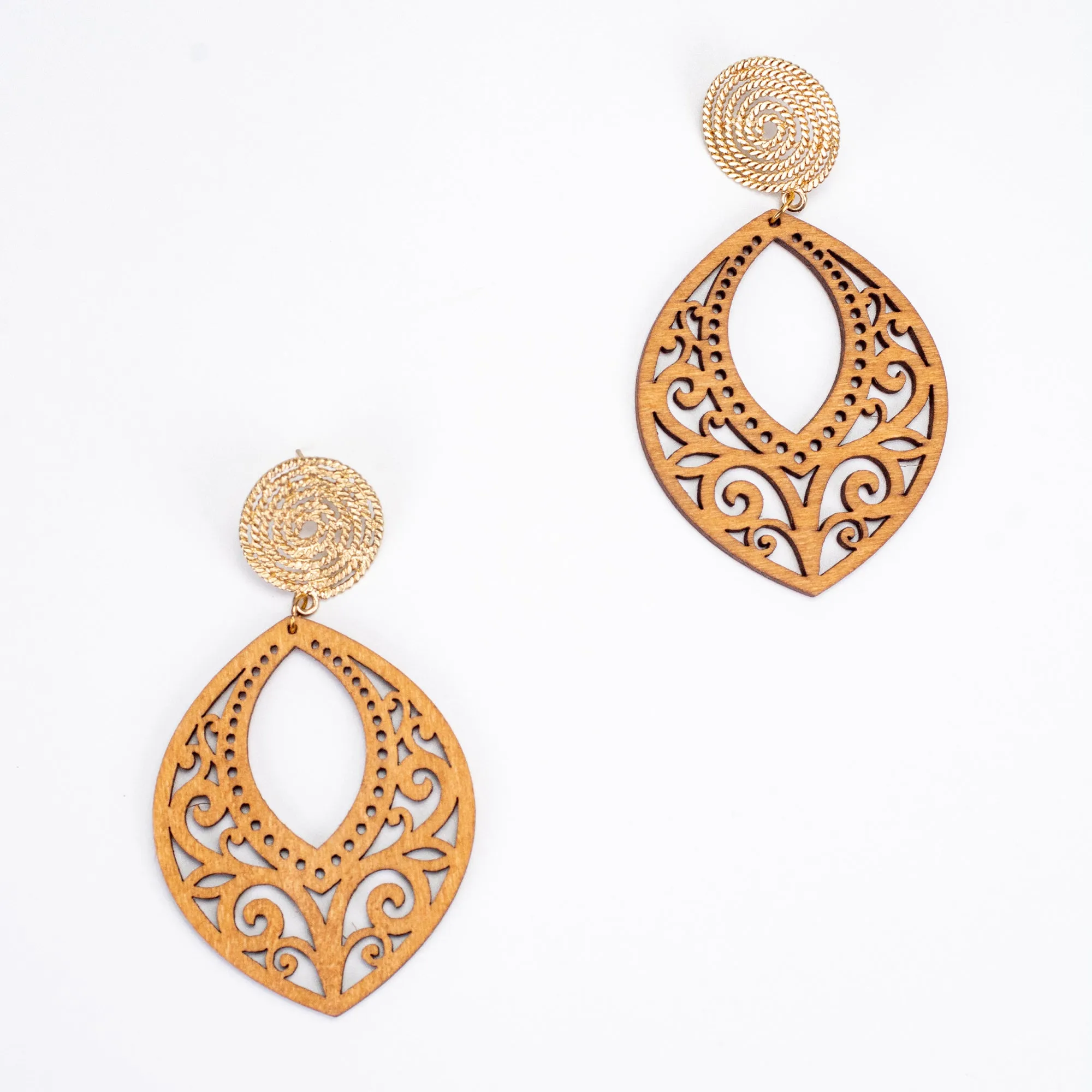 Marquise Carved Wood Earrings