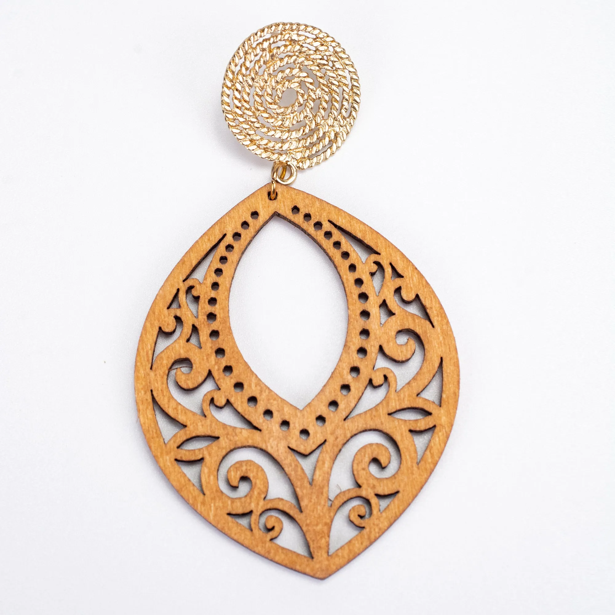 Marquise Carved Wood Earrings