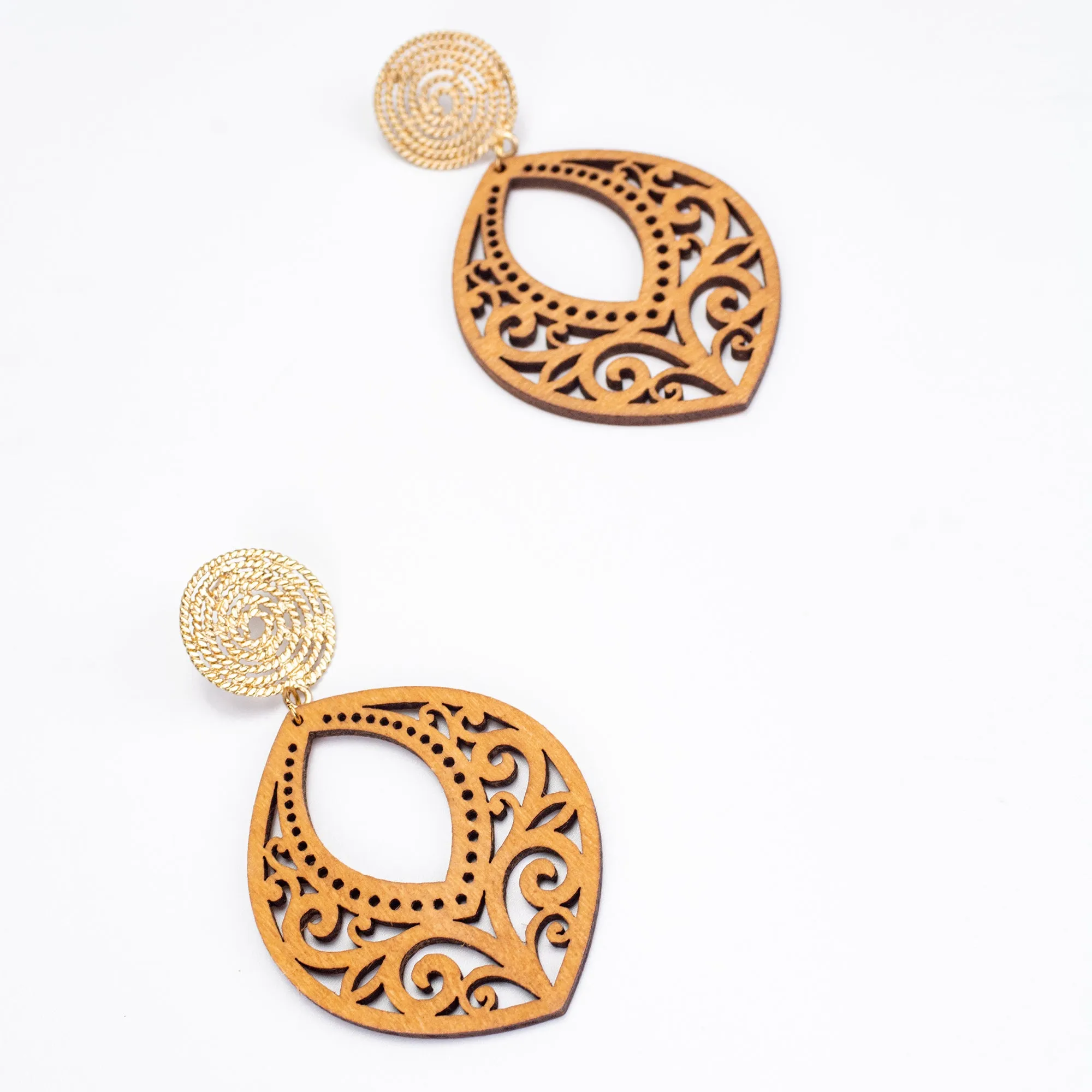 Marquise Carved Wood Earrings