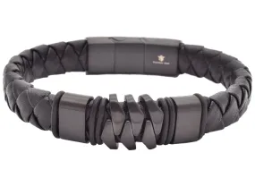 Mens Genuine Black Leather Black Stainless Steel Bracelet