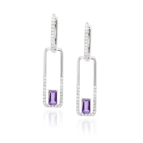 MODERN WHITE GOLD DANGLE EARRINGS WITH EMERALD CUT AMETHYSTS AND ROUND DIAMONDS, .36 CT TW