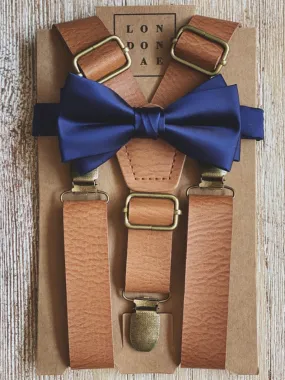 Navy Blue satin bow tie and Vintage Brown Suspender set