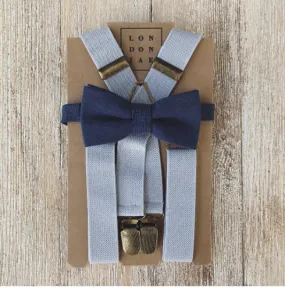 Navy Bow Tie with Light Grey Suspender Set