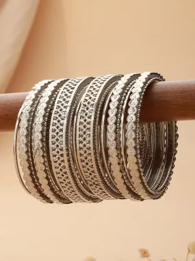 Set Of 18 Silver-Plated Oxidized Textured Bangles Set