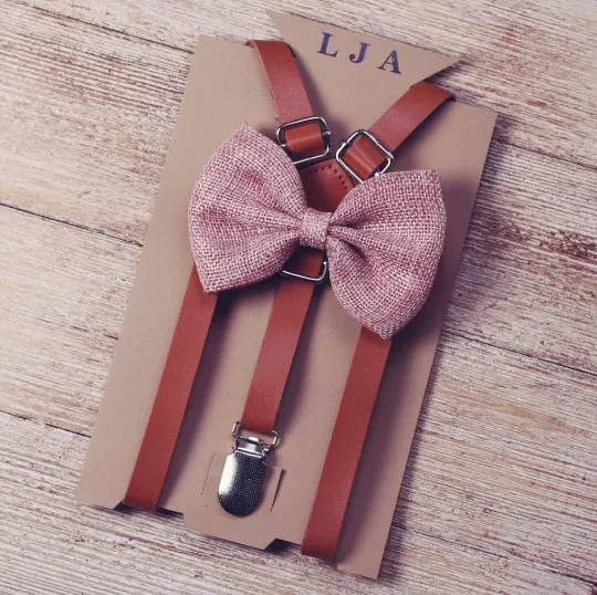 Skinny Caramel Suspenders with Blush Pink Bow Tie