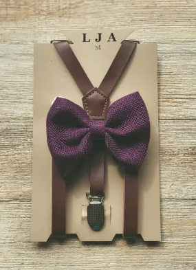 Skinny Coffee Suspenders with Plum Bow Tie