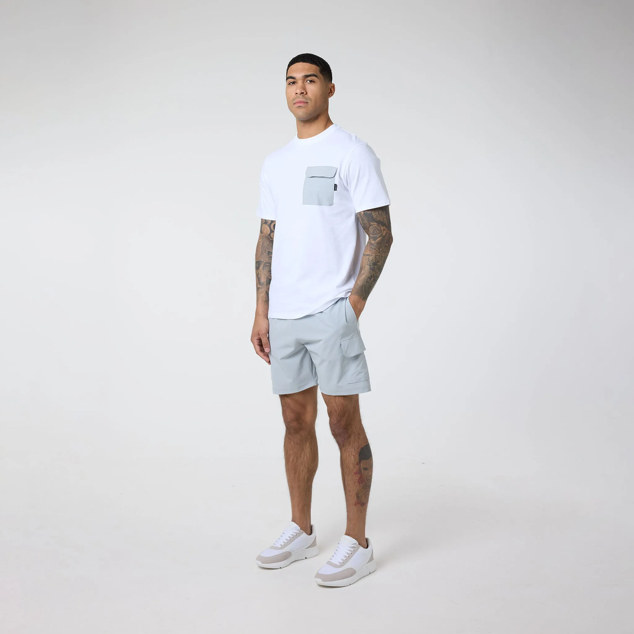 Tech Pocket T-Shirt & Cargo Short Set | White Grey