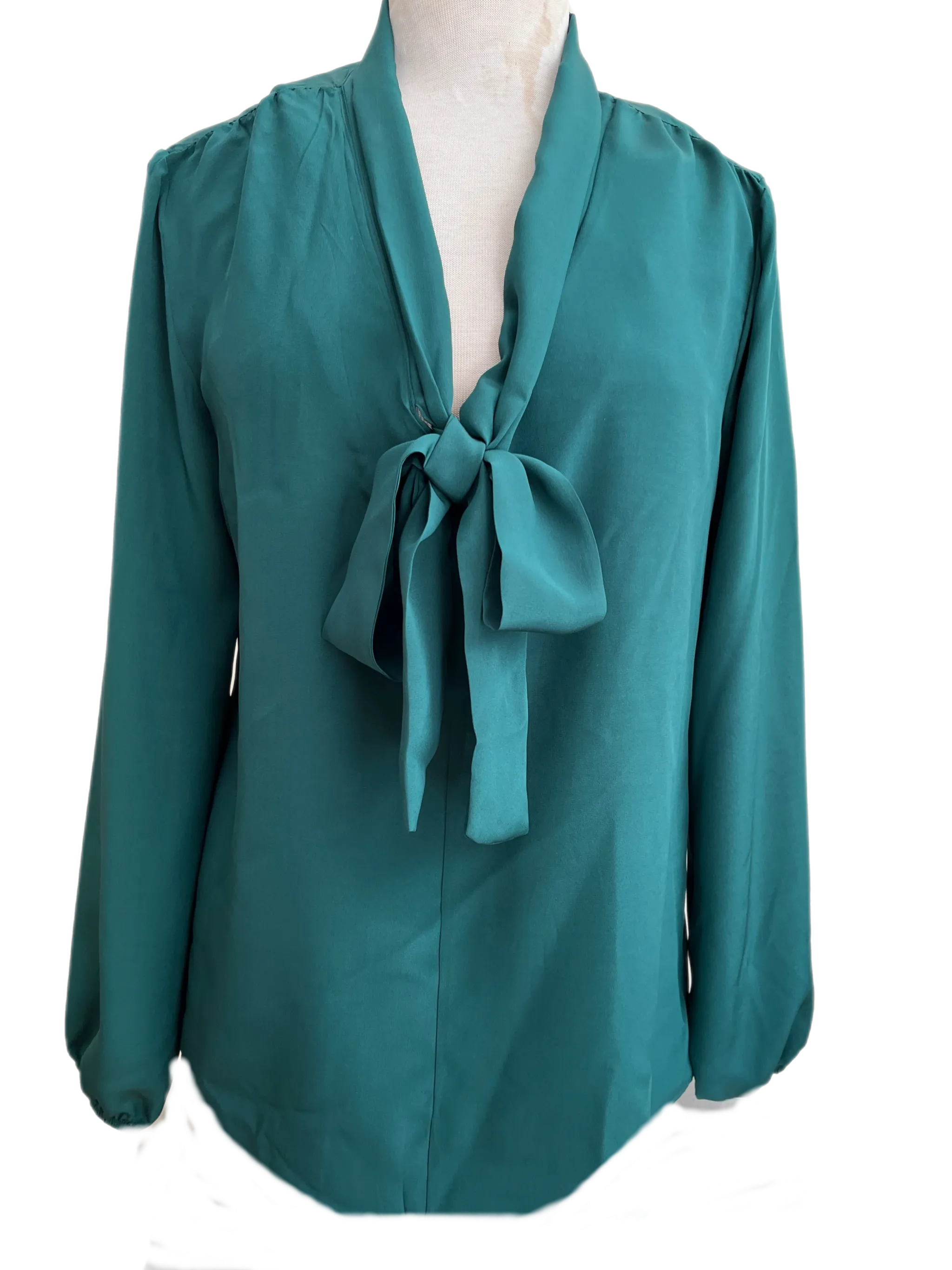 Tie neck pussy cat blouse in emerald green silk