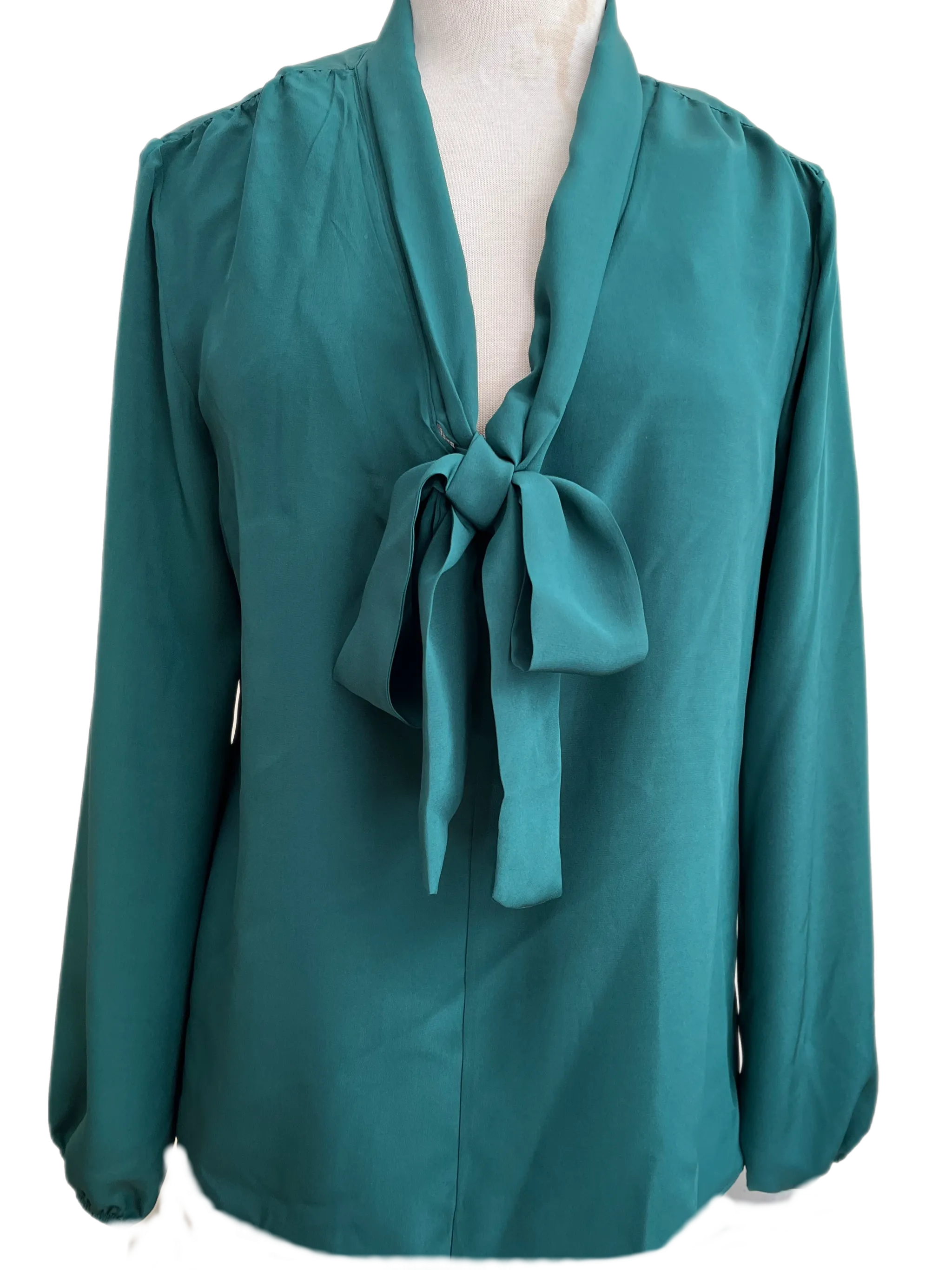 Tie neck pussy cat blouse in emerald green silk