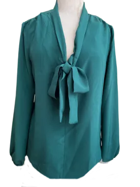 Tie neck pussy cat blouse in emerald green silk