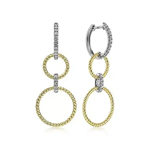 Twisted Rope Diamond Open Circle Huggie Drop Earrings in White and Yellow Gold, 0.35 cttw