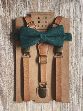 Vintage Tan Suspender with Dark Green Bow Tie Set