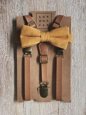 Vintage Tan Suspender with Mustard Cotton Bow Tie Set